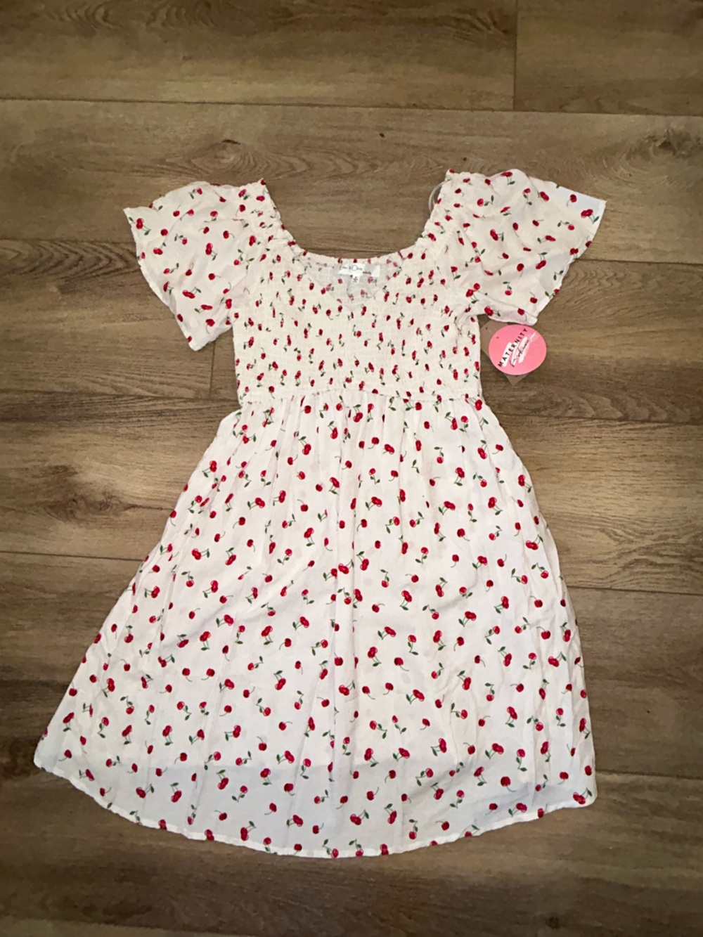 Cherry Print Smocked Summer maternity Dress - babydoll White & Red